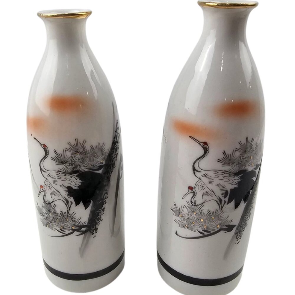 Vtg Japanese Sake Bottle Vase Porcelain Hand Painted 7" With Crane and Pine Tree